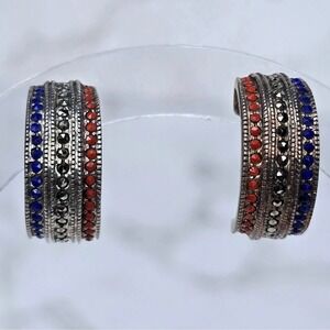 Vintage Patriotic Sterling Silver 925 Marcasite Blue Red Stone J-Hoop Earrings